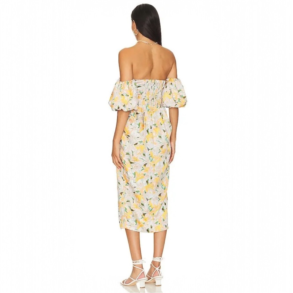ASTR Floral Strapless Midi Dress Puff Sleeve Sweetheart Slit Yellow Green S - Picture 2 of 16